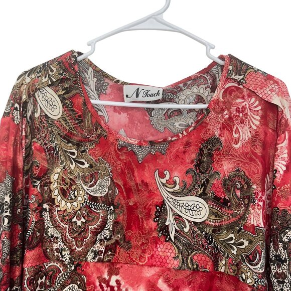 N Touch Women Vintage Red Paisley Print Long Sleeve Tunic Top 2X Asimetric Hem - Picture 10 of 13